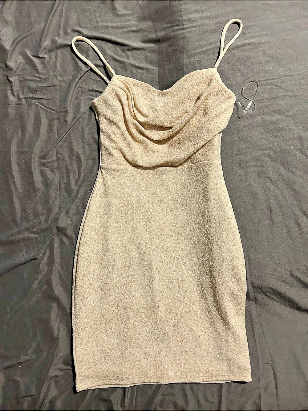 Windsor Shimmer Cowl Neck Mini Dress in Beige Size Small